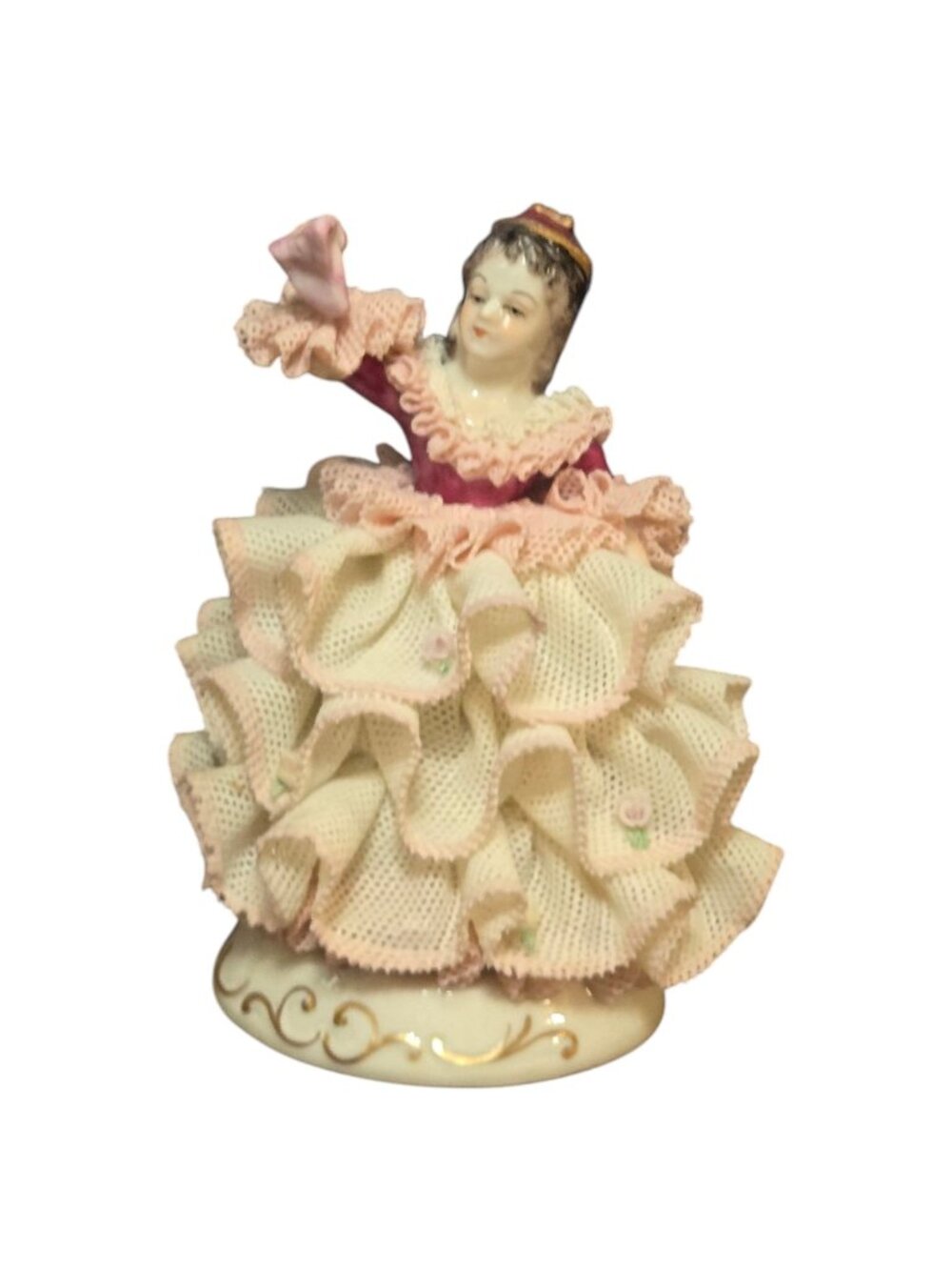 Vintage Irish Dresden Porcelain Figurine Babette Pink Lace Dress Muller Volksted